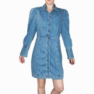 Frame Puff Sleeve Light Wash Long Sleeve Mini Denim Jean Dress